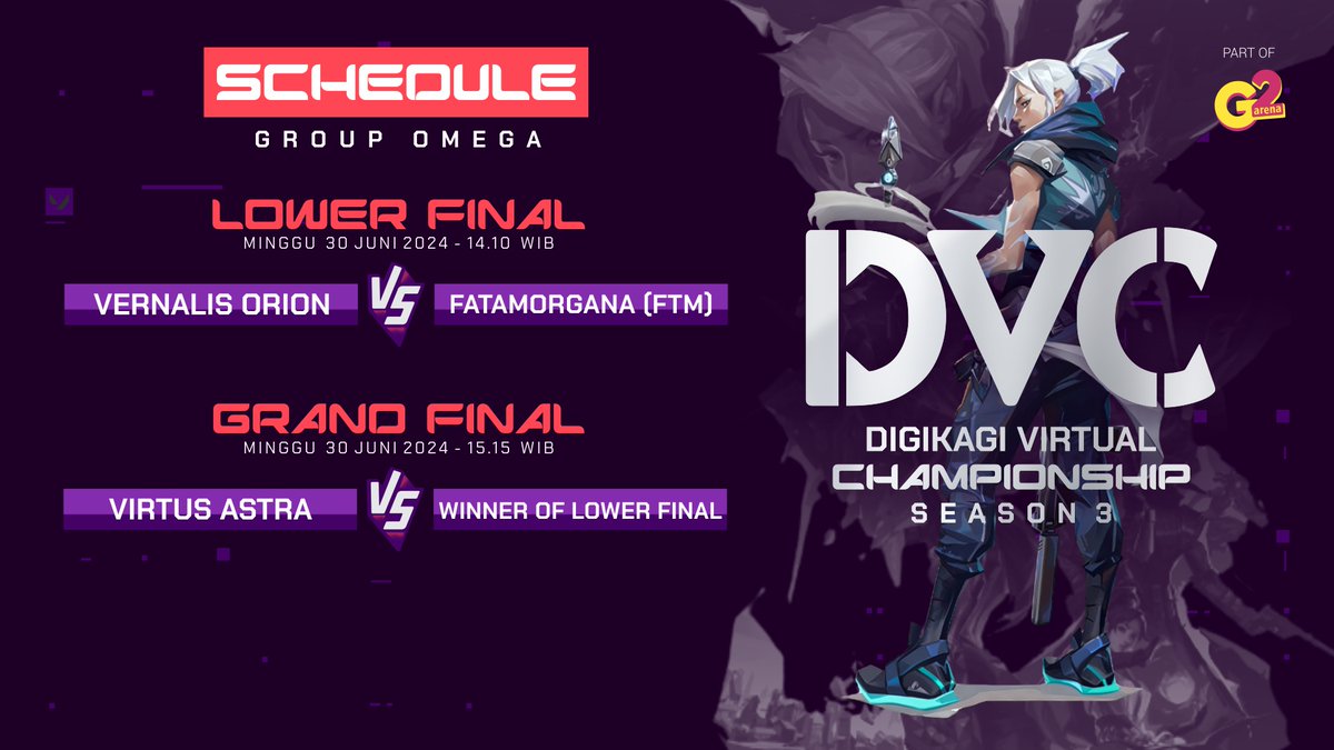 DVC Season 3 Valorant Omega Match Final Day, Start!  Saksikan tim favoritemu dalam ajang memperebutkan kemenangan di turnamen Valorant kali ini!  

Tonton disini: 
Minggu, 30 Juni 2024 - 12:00 WIB  

#g2Arena #digikagi #dvcseason3