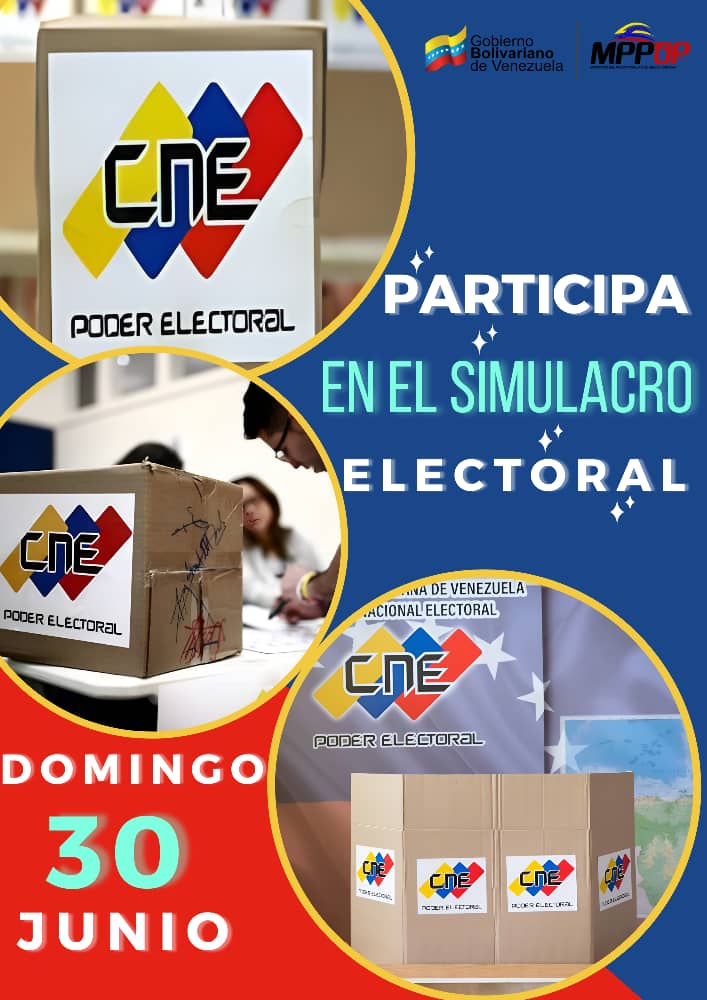 📢 🇻🇪 ¡Tenemos un llamado ciudadano!:
Éste domingo #30Jun Venezuela participa en el Simulacro Electoral 🗳️☑️ 

👉🏼 1.174 centros de votación y 3.006 mesas electorales estarán activas en todo el país, desde las 7:00am 💪🏼❤️

Comparte 🔄

#LoMasFinoEsNico
<a href="/NicolasMaduro/">Nicolás Maduro</a>
<a href="/GRaulparedes/">Gral. Raúl Paredes</a>