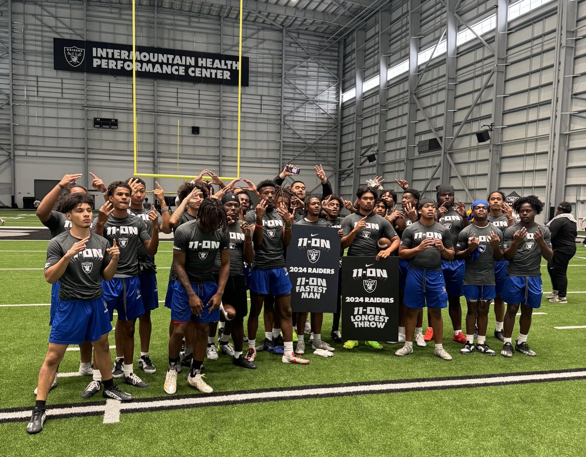CoachWest100's tweet photo. Had an amazing time at the @Raiders 11-ON competition! We won the Longest Throw and Fastest Man awards, but fell short in the championship. Proud of these guys. Back to the grind! #Raiders #11ON #702HSFB https://t.co/Zu1oIFUzqn