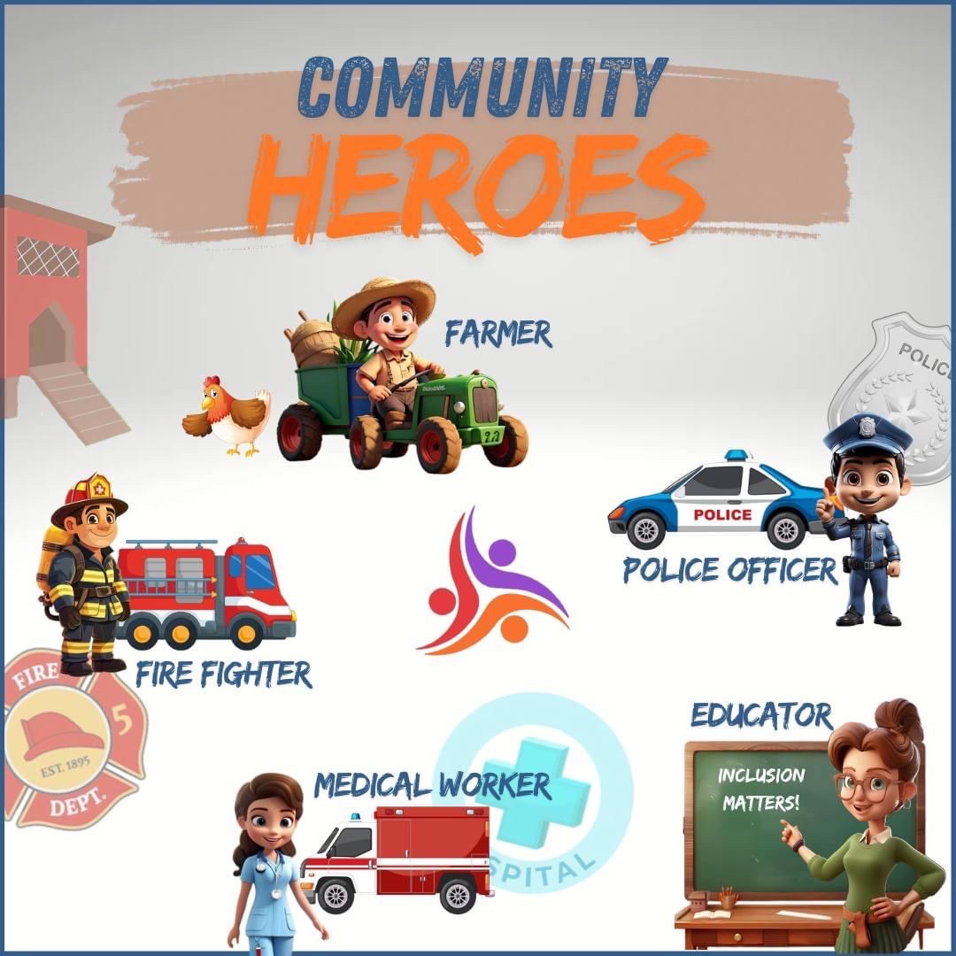 🟠🔴🟣 PLAYGROUND THEME 🟣🔴🟠
We have incorporated a theme within the playground! In the design you will see representation of the following COMMUNITY HEROES:
  🚜  Farmer
  🚓  Police Officer
   ✏️ Educator
   🚒 Fire Fighter
  🚑  Medical Worker
#APlaceWhereEverybodyPlays