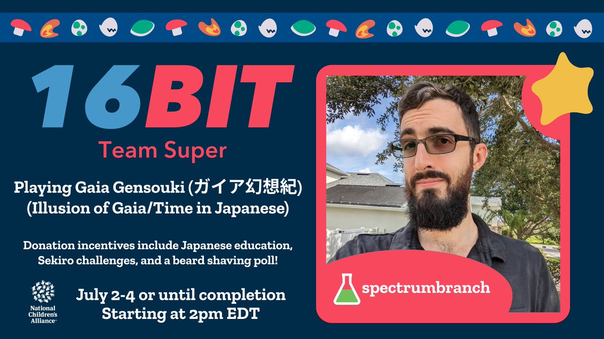 Next week I'm fundraising for the National Children's Alliance by playing through the Japanese version of Illusion of Gaia. Donation incentives include Japanese education, Sekiro challenges, and a beard shaving poll. I start at 2pm EDT at July 2 and stream daily until completion