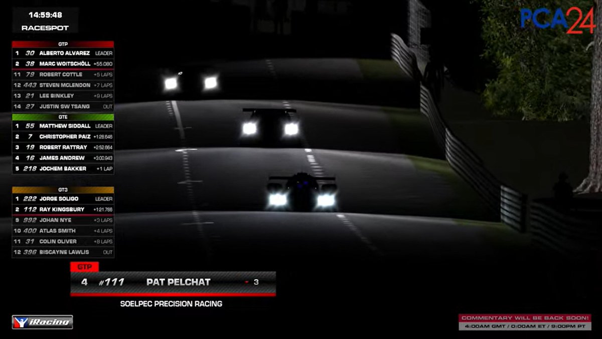 pcasimracing's tweet image. Hour 9 of the #PCA24 has begun. Let&apos;s meet our class leaders:

GTP: ST Racing Esports #30
GTE: Matrix Bronze
GT3: Full Send Racing

Just over two hours left for Part 2: youtube.com/watch?v=oGu7Lx…

#PCASimRacing
@PCANational