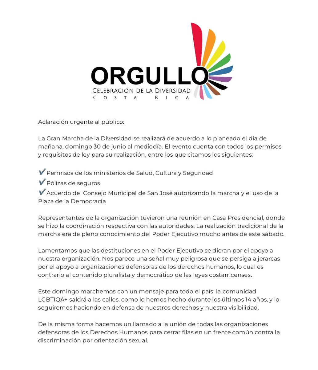maggiewill's tweet photo. En todo caso...una protesta no ocupa permisos. Mientras haya vías alternas, la Sala Constitucional ha sido clara sobre el derecho a la protesta, enmarcada en la libertad de expresión. Nos vemos mañana, 12 md en la Sabana, q CR entero sepa q aquí estamos y no nos vamos! 🏳️‍⚧️🏳️‍🌈💪🏿 https://t.co/hV5dWSI4bC