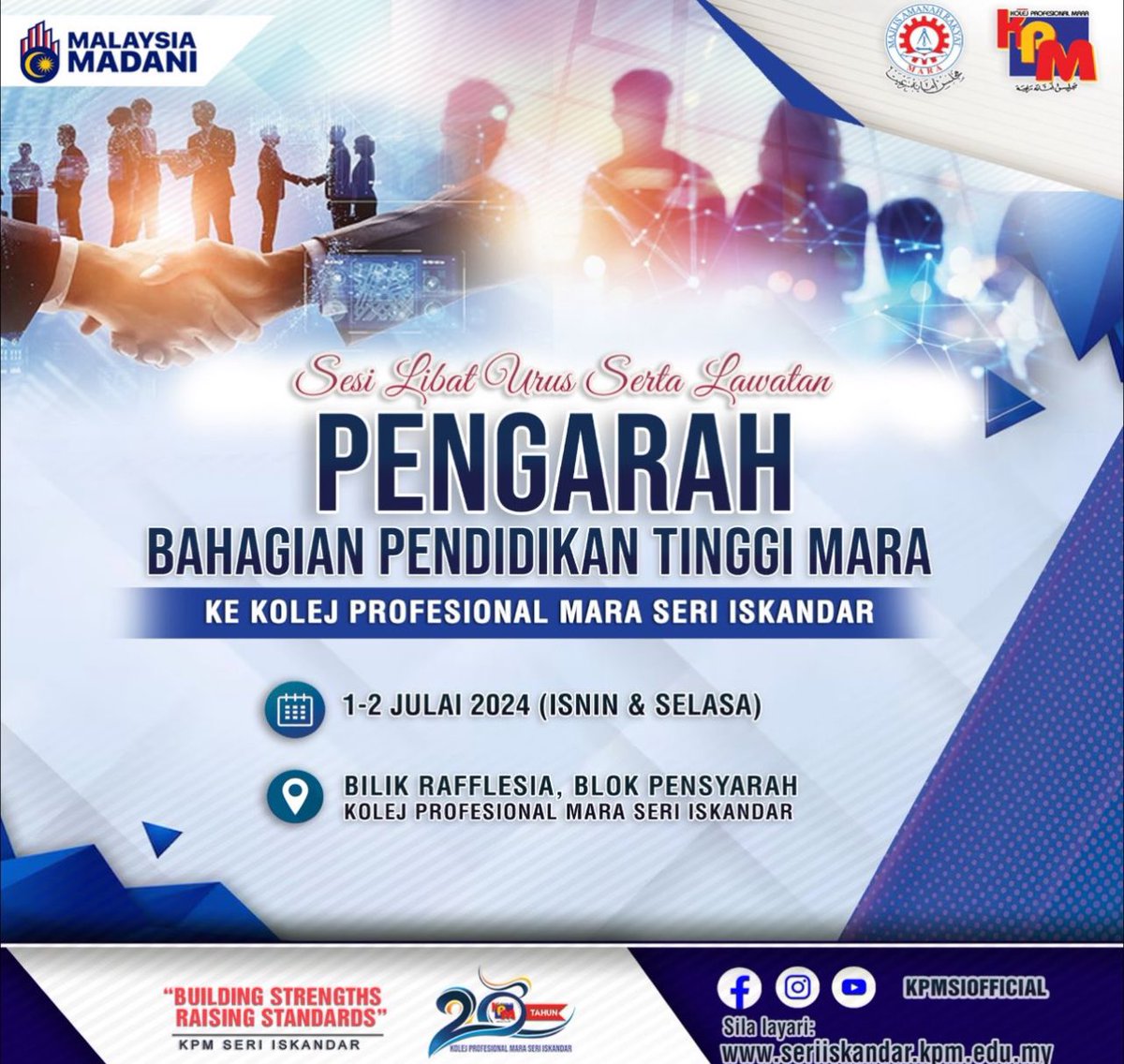 KpmsiOfficial's tweet photo. Kami mengalu-alukan kedatangan Puan Siti Aminah binti Abdul Kadir, Pengarah Bahagian Pendidikan Tinggi MARA serta rombongan BPT MARA bagi sesi libat urus dan lawatan pada 1 dan 2 Julai 2024.
#tertiarimara #kolejprofesionalmaraseriiskandar
#majlisamanahrakyat 
#hiedumara https://t.co/9qLb6JdNjp