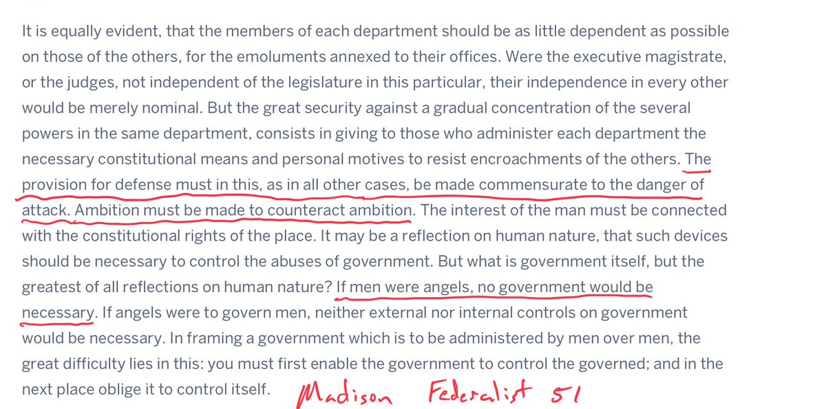 wesbury's tweet photo. To all those who don’t understand the Chevron rollback.  Here is James Madison in Federalist 51 (1788) on checks and balances.  “If men were angels, no government would be necessary.”  The branches MUST defend themselves at a level and in a way “commensurate to the danger of attack.”

The DC metro area votes 95% democrat (these days, progressive).  And these are the people who make up the agencies.  Tell me they aren’t biased.

The Supreme Court is either 55% or 66% fundamentalists (depending on how you count).

So, the Chevron decision can be looked at as the Court using its Constitutional power to counteract the “ambitions” of those who man the bureaucracies of the executive branch.

Madison is smiling.