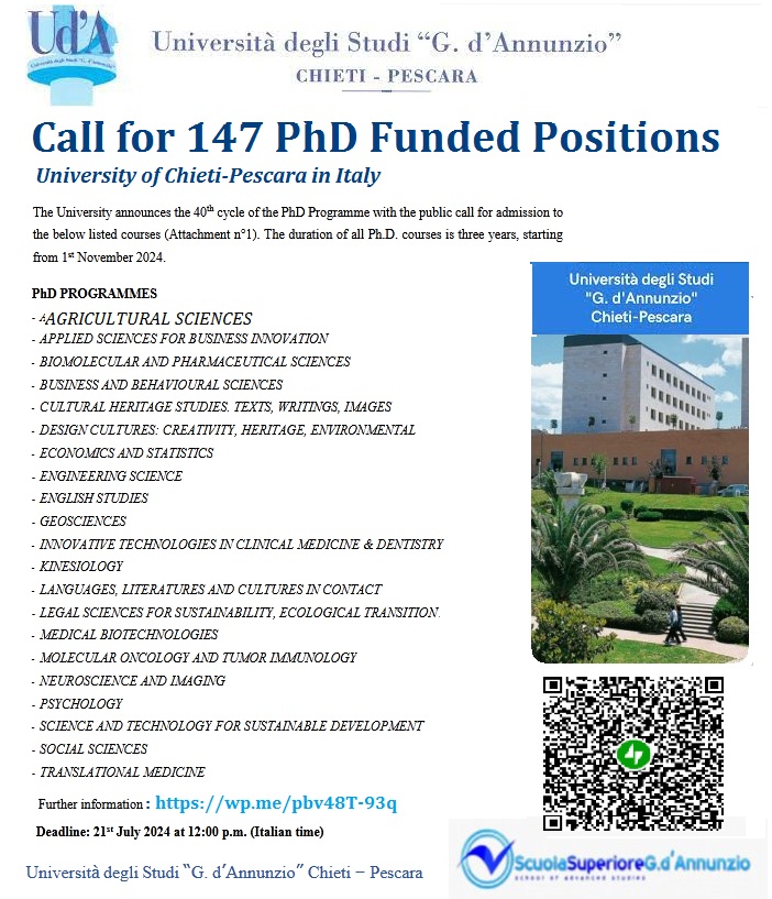 📌 Call for 147 PhD Funded Positions at University of Chieti-Pescara in Italy 🇮🇹... Please share and spread the word! For details visit: wp.me/pbv48T-93q