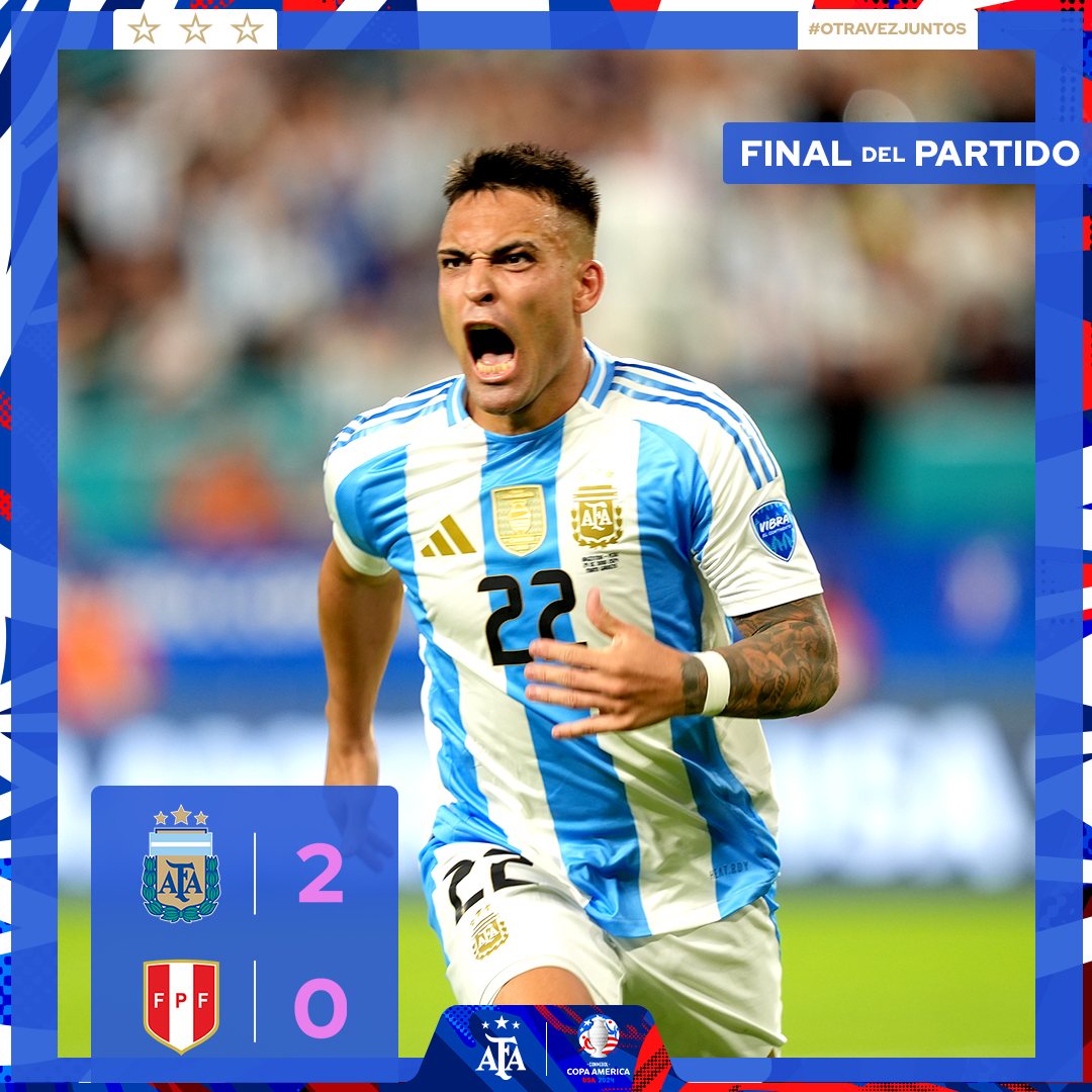 Argentina's tweet photo. 🏆 #CopaAmérica

⚽ @Argentina 🇦🇷 2 (Lautaro Martínez x2) 🆚 #Perú 🇵🇪 0

👉 ¡Final del partido!

🔜 El elenco comandado por Lionel #Scaloni jugará el próximo jueves por cuartos de final. https://t.co/XcNFk1ifE0