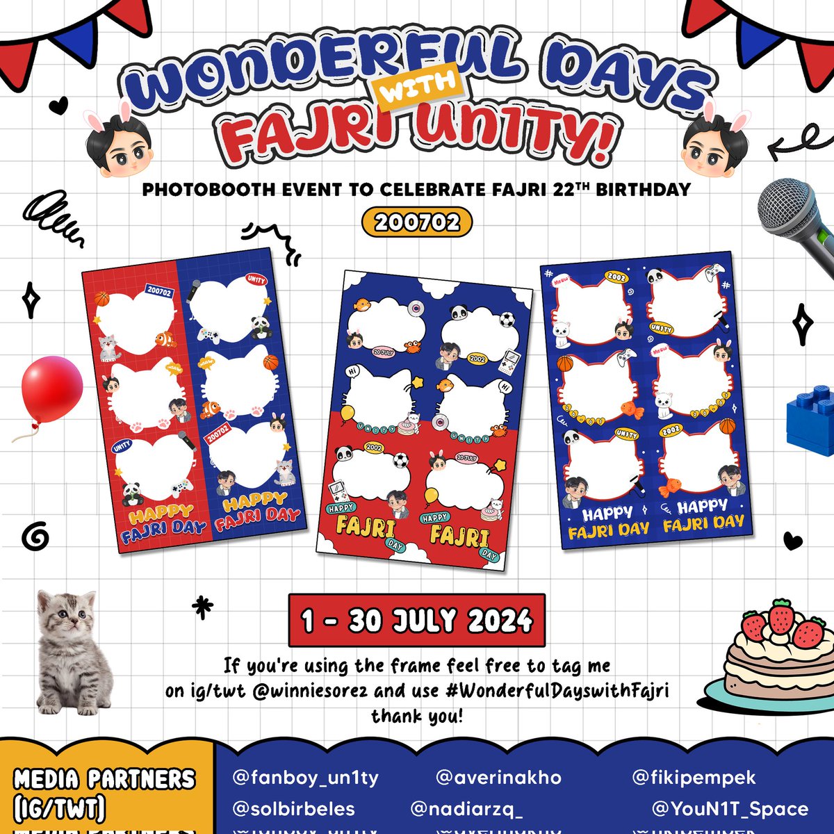 winniesorez's tweet image. ♬·¯·♪ 𝗪𝗼𝗻𝗱𝗲𝗿𝗳𝘂𝗹 𝗗𝗮𝘆𝘀 𝘄𝗶𝘁𝗵 𝗙𝗮𝗷𝗿𝗶 ♫·¯·♪
Photobooth event to celebrate 22th Fajri Birthday 🎉

🗓️ : 1-30 July 2024
📍: 30+ Cities in Indonesia

Kindly tag me @winniesorez &amp;amp; use #WonderfulDayswithFajri if you&apos;re using the frame, thank you ♡

More Details ⬇