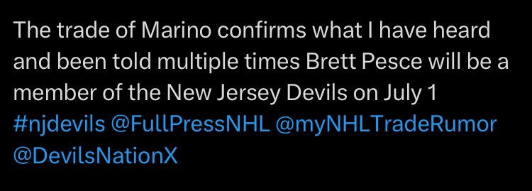JimBiringer's tweet photo. Not that Elliotte needs confirmation but this was expected once Marino was traded earlier in the day. Devils have had Pesce on their radar as they will revamp their defense. #njdevills @FullPressNHL @myNHLTradeRumor @DevilsNationX https://t.co/h47sBkMNhX