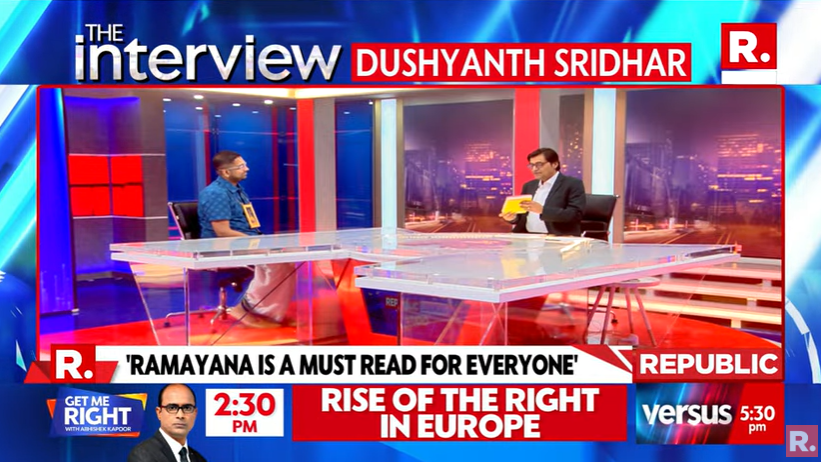 republic's tweet image. #TheInterview | Hear the Real History of Ramayanam from Vedic Scholar Dushyanth Sridhar (@dushyanthsridar) as he Speaks to Arnab

Tune in here to #WATCH Dushyanth Sridhar on The Interview with Arnab Goswami: youtube.com/watch?v=v2uhs8… 

#DushyanthSridhar #ArnabGoswami