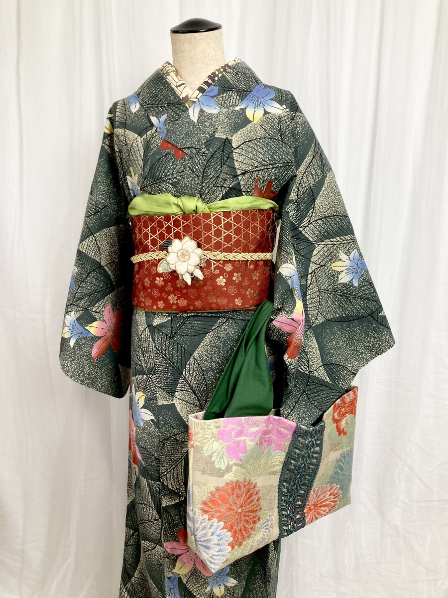 美品❣️特注 着物帯で作製の 柄 ジャケット SATORI さとり 糸菊波跳鯉 襟付きレザーライダースジャケット