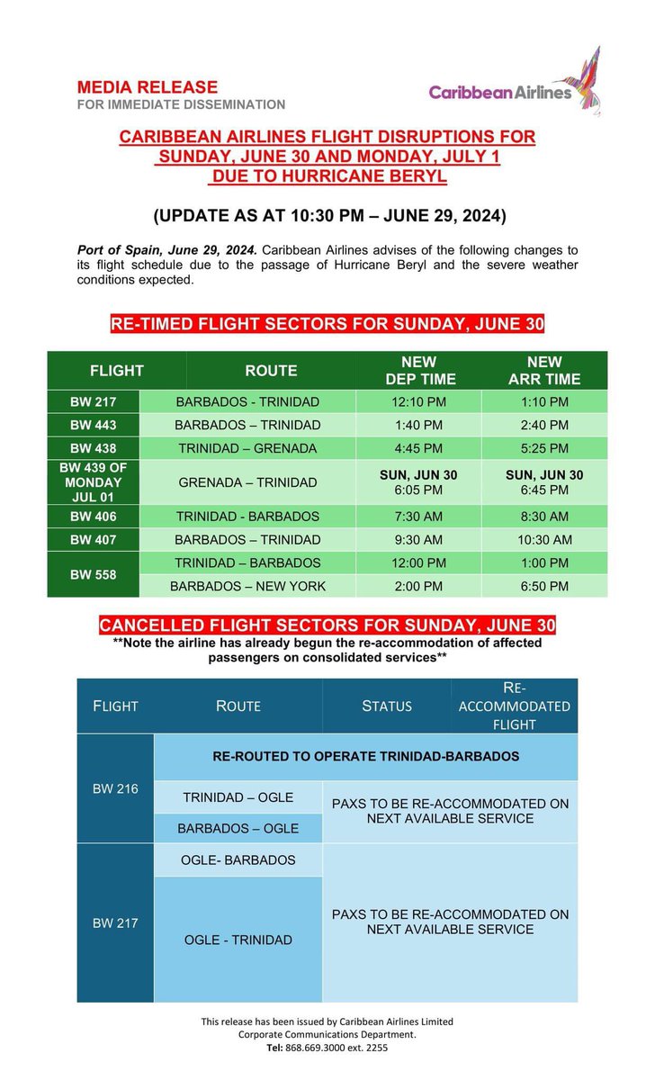 TTWeatherCenter's tweet photo. Due to Hurricane #Beryl, @iflycaribbean announced flight disruptions for June 30th through July 1st.

https://t.co/hBAcmuthWu https://t.co/9CNDvPwBFP