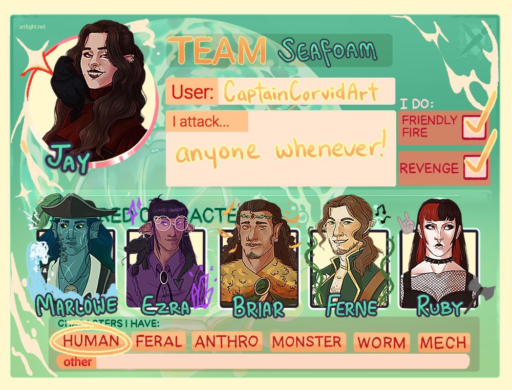 capcorvidart's tweet photo. Let’s get this show on the road!! #teamseafoam #artfight2024 #artfight #artfightseafoam https://t.co/OVCPhANC18
