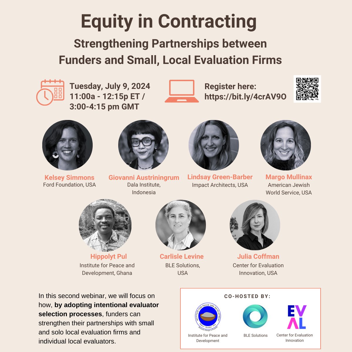 📅 Mark your calendars! Join us in conversation with this amazing group of people about adopting intentional evaluator selection processes to create equity in contracting with small, local evaluation firms. 

Learn more &amp; register here: bit.ly/4crAV90