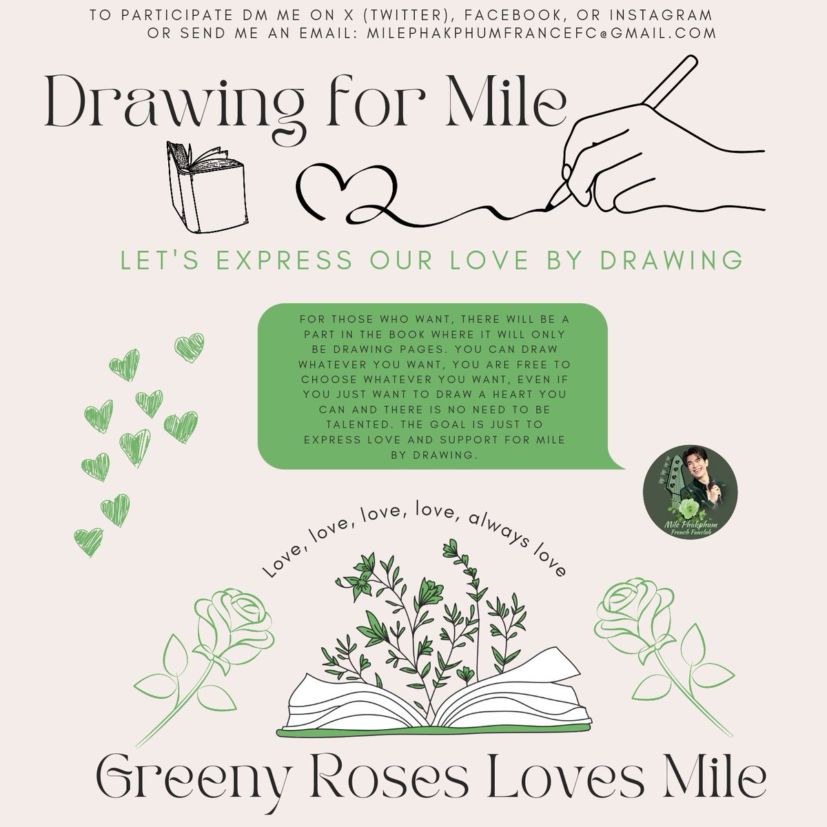 MilePhakphumFFC's tweet photo. 💚GreenyRoses Loves Mile💚

The title of the newProject,the title of thisBook🥰

I would give this book myself if Mile comes to Paris inSep but if he doesn't come,my friend will bring it with her to Thailand. So you have until Sep toParticipate😊

#MilePhakphum
#BesideYoursMILE https://t.co/PGQ5znh3CZ