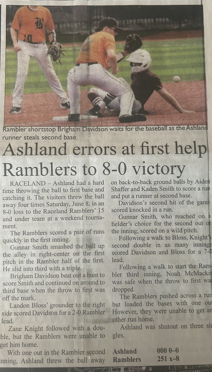 AcademyRamblers's tweet photo. Big shoutout to Greenup Gazette &amp; following the Ramblers club in the first half of the summer. Great pics &amp; articles from Mason Branham. @RacelandSchools @Rams__Baseball https://t.co/LutrRYChHF