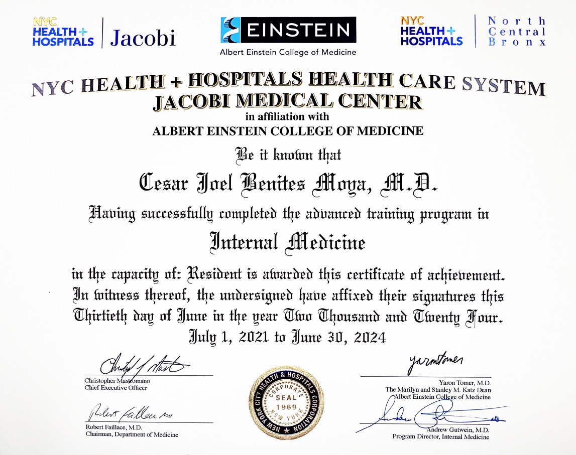 César Joel Benites Moya (@benites_moya) on Twitter photo Happy to share that I have officially graduated from Internal Medicine at Jacobi Medical Center/Albert Einstein College of Medicine!
Immense gratitude to God, my family, my loving wife, and my supportive mentors and peers. <a href="/AndrewGutwein/">Andrew Gutwein MD</a> <a href="/jmcchiefs/">Jacobi Internal Medicine Chiefs</a> <a href="/JacobiHosp/">NYC Health + Hospitals/Jacobi |North Central Bronx</a> Happy to share that I have officially graduated from Internal Medicine at Jacobi Medical Center/Albert Einstein College of Medicine!
Immense gratitude to God, my family, my loving wife, and my supportive mentors and peers. <a href="/AndrewGutwein/">Andrew Gutwein MD</a> <a href="/jmcchiefs/">Jacobi Internal Medicine Chiefs</a> <a href="/JacobiHosp/">NYC Health + Hospitals/Jacobi |North Central Bronx</a>