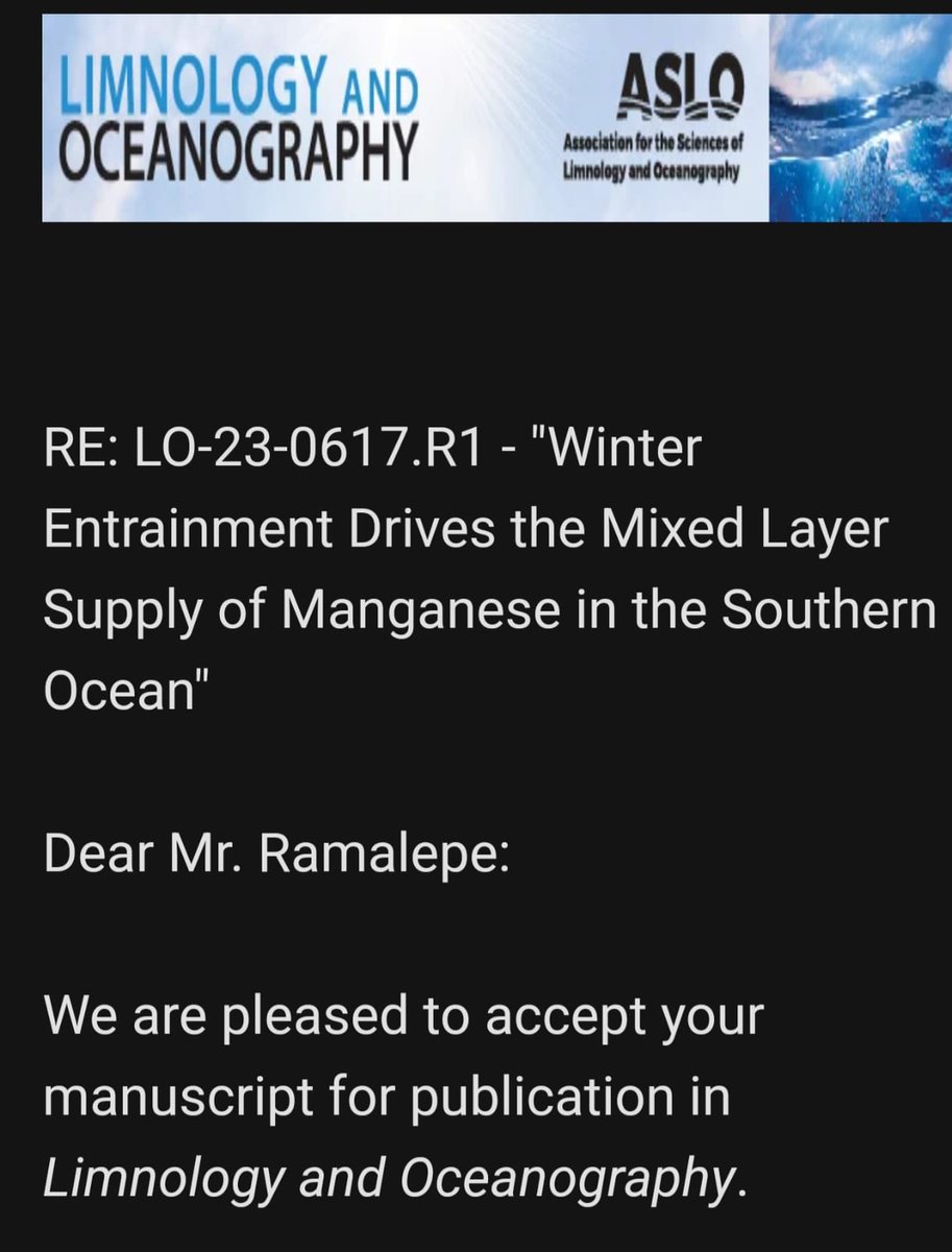 Alakendra Roychoudhury (@geotracessa) on Twitter photo Congratulations to our PhD student <a href="/ThapeloRamalepe/">Thapelo Ramalepe</a> on acceptance of his first paper! <a href="/tjryankeogh/">Dr Tommy Ryan-Keogh</a> <a href="/scienceSUN/">Faculty of Science</a> <a href="/NRF_News/">National Research Foundation of South Africa</a> <a href="/Antarcticlegacy/">antarcticlegacy@sun.ac.za</a> <a href="/geotraces/">GEOTRACES</a> <a href="/SUearthsciences/">SU Earth Sciences</a> <a href="/SOOSocean/">SOOS</a> <a href="/SCAR_Tweets/">Scientific Committee on Antarctic Research (SCAR)</a> <a href="/aslo_org/">ASLO</a> <a href="/dave_hambright/">Dave Hambright</a> <a href="/SOCCO_Science/">SOCCO</a> Congratulations to our PhD student <a href="/ThapeloRamalepe/">Thapelo Ramalepe</a> on acceptance of his first paper! <a href="/tjryankeogh/">Dr Tommy Ryan-Keogh</a> <a href="/scienceSUN/">Faculty of Science</a> <a href="/NRF_News/">National Research Foundation of South Africa</a> <a href="/Antarcticlegacy/">antarcticlegacy@sun.ac.za</a> <a href="/geotraces/">GEOTRACES</a> <a href="/SUearthsciences/">SU Earth Sciences</a> <a href="/SOOSocean/">SOOS</a> <a href="/SCAR_Tweets/">Scientific Committee on Antarctic Research (SCAR)</a> <a href="/aslo_org/">ASLO</a> <a href="/dave_hambright/">Dave Hambright</a> <a href="/SOCCO_Science/">SOCCO</a>