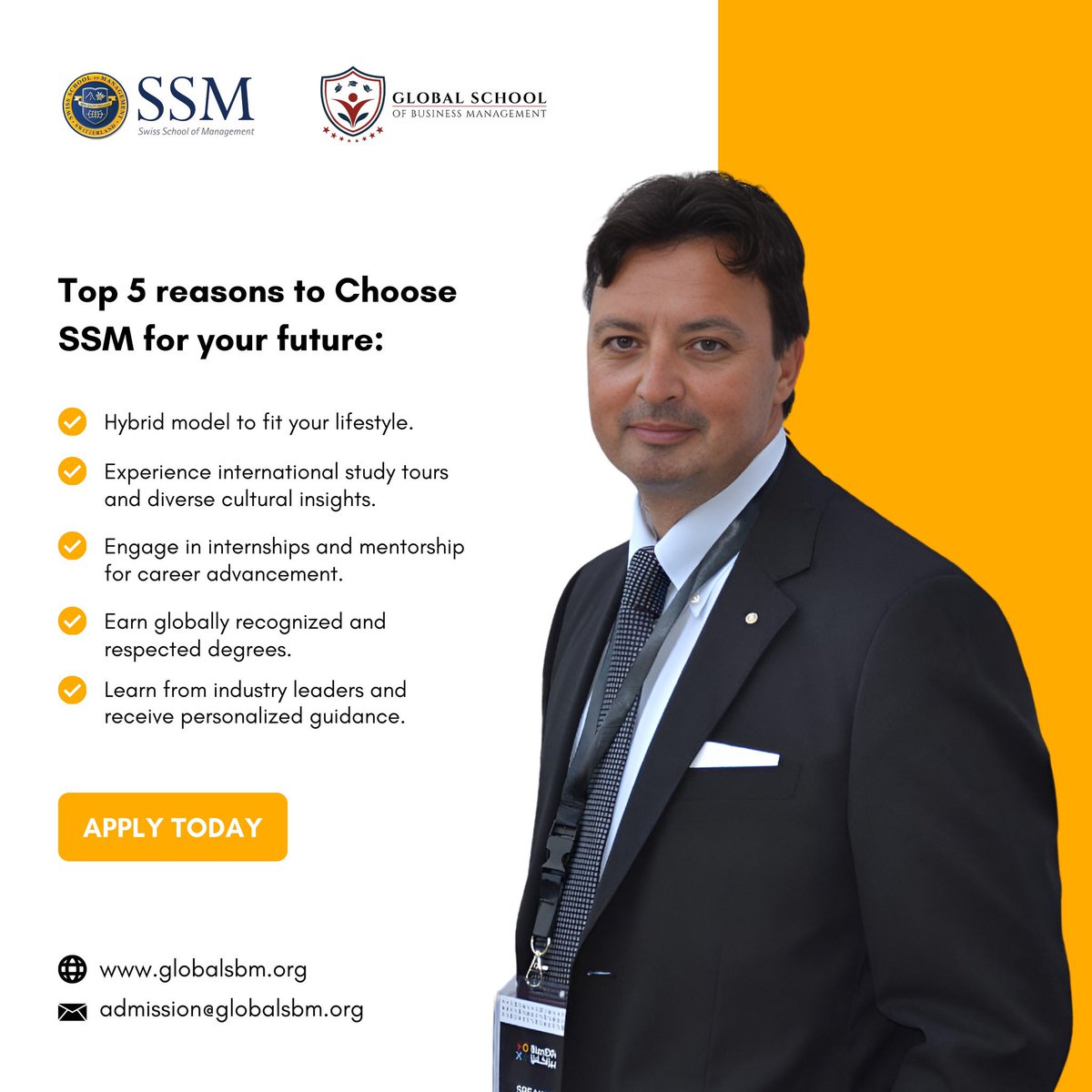 Top 5 reasons to Choose SSM for your future:

• Hybrid model to fit your lifestyle.
• Experience international study tours and diverse cultural insights.
• Engage in internships and mentorship for career advancement.

Apply Now: globalsbm.org