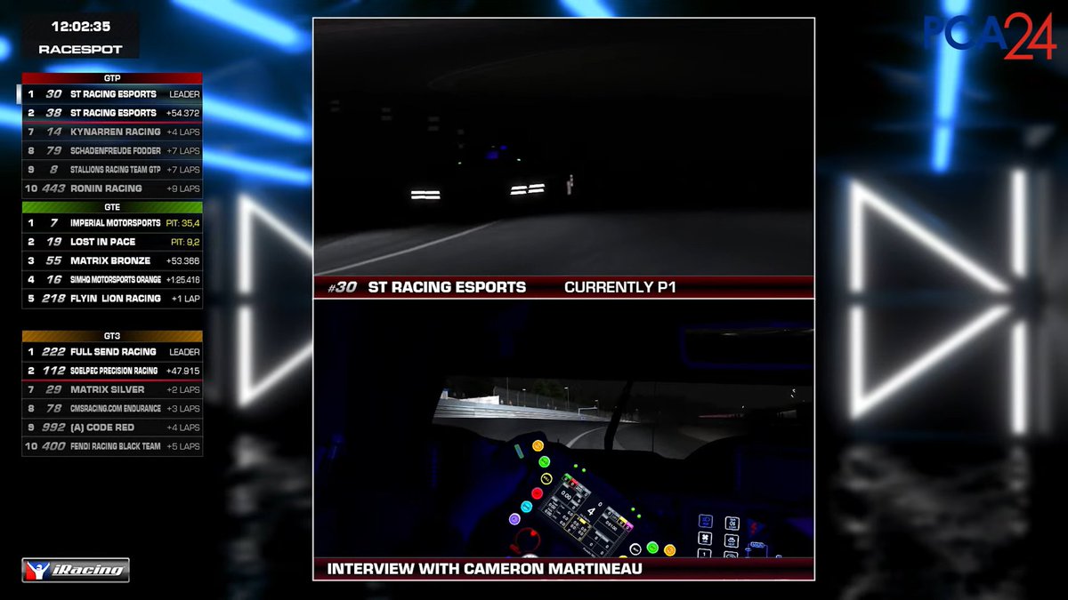 pcasimracing's tweet image. 🎌🇫🇷🎌

12 hours down, 12 hours to go for the #PCA24

GTP: ST Racing Esports #30
GTE: Imperial Motorsports
GT3: Full Send Racing

Race updates will resume in the morning. For now, watch the sun rise with @RaceSpotTV: youtube.com/watch?v=ENJGHK…

#PCASimRacing
@PCANational