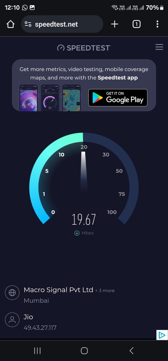 RahulSh51353985's tweet photo. @JioCare Do you really think Arti we are unaware of these simple hacks. A complaint is raised when all attempts fail!! There are constant fluctuations in internet speed ranging at 10mbps to directly at 100mbps and sometimes absolutely no internet https://t.co/nIz6Ctr7E9