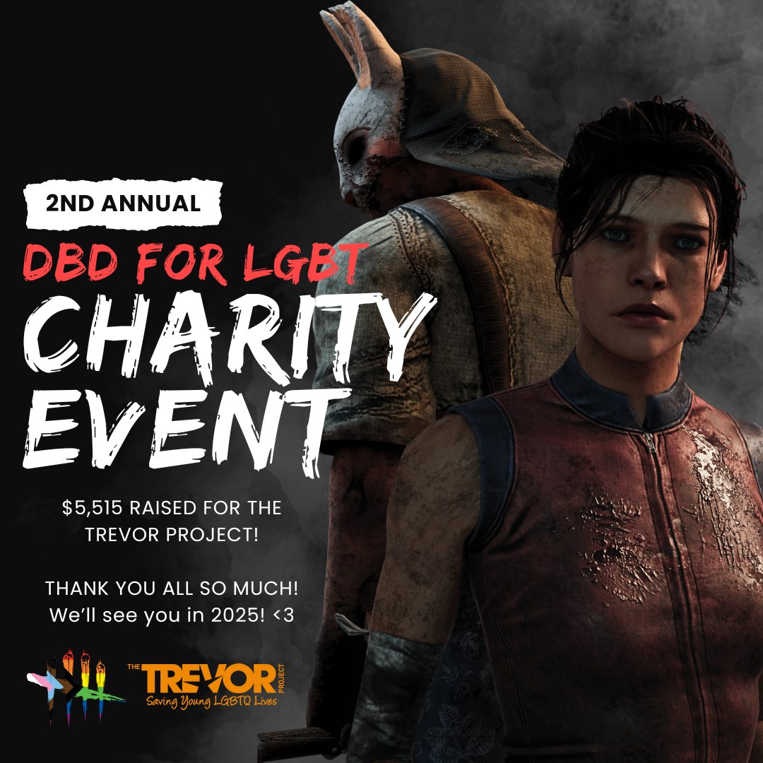 badcatitude_'s tweet image. Thank you all SO MUCH for coming out today for the DBD for LGBT(QIA2S+) Tournament today! We had over 70 people playing, refereeing, and making this event happen! With 81 games of @DeadbyDaylight, we blew our goal out of the water and raised $5,515 for @TrevorProject! ILY TYSM💕