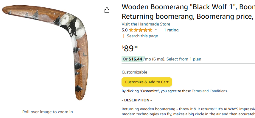 dril's tweet photo. trying to soften the blow of telling my wife i bought a $90 boomerang with wolfs on it by saying i got the $16.44/mo payment plan https://t.co/T1u4ZEgZHr