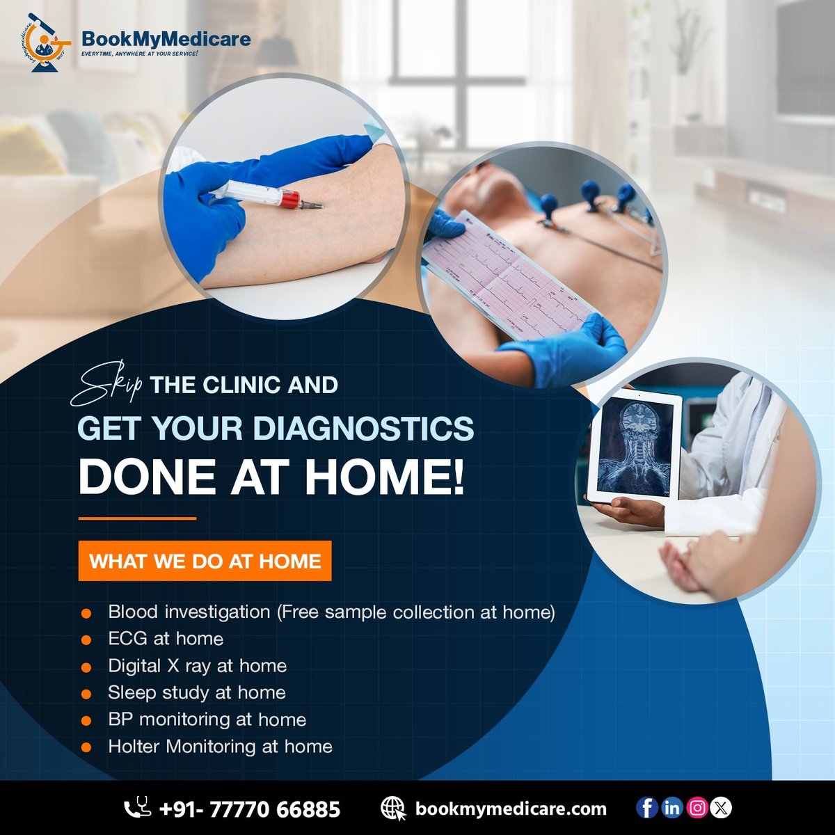 BookMedicare's tweet photo. Say goodbye to clinic visits and get your diagnostics done right at home! Here’s what we offer
📞 077770 66885 | 🌐 https://t.co/CbnpIq6Nzs
#Diagnostics #BloodSample #ECG #XRay #Healthcare #RentorBuy #NursingCare #HealthAtHome #HomeHealth #Booking #Management #BookMyMedicare https://t.co/m3STo8Jb2y