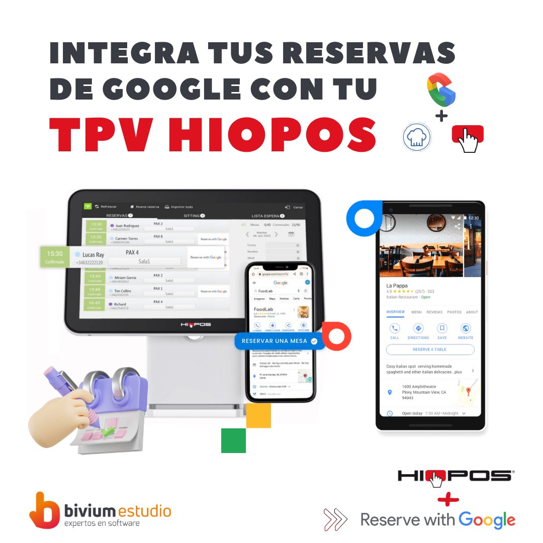 ¡Llega la integración de las Reservas de Google con #HIOPOS!🌟 
Ahora, tus clientes pueden realizar reservas fácilmente mientras exploran opciones en Google. Esto simplifica el proceso para ellos y aumenta la visibilidad de su negocio🙌 

#ReserveWithGoogle #ReservadeMesasOnline