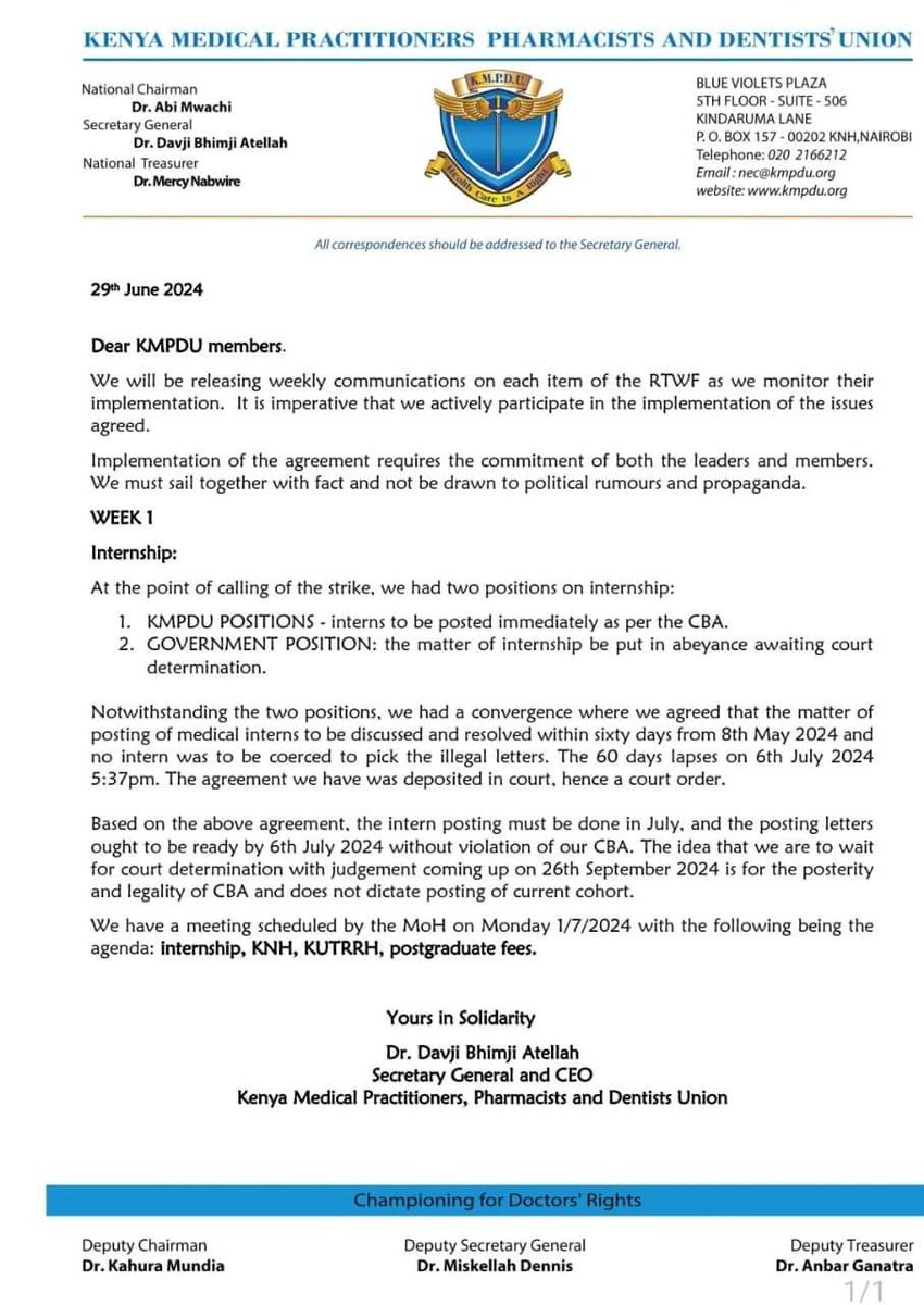 Latest communique from SG <a href="/Davji/">Davji Bhimji Atellah</a> concerning the medical internship crisis.

<a href="/MOH_Kenya/">Ministry of Health</a> should #PostMedicalInterns as per the CBA 2017 terms.