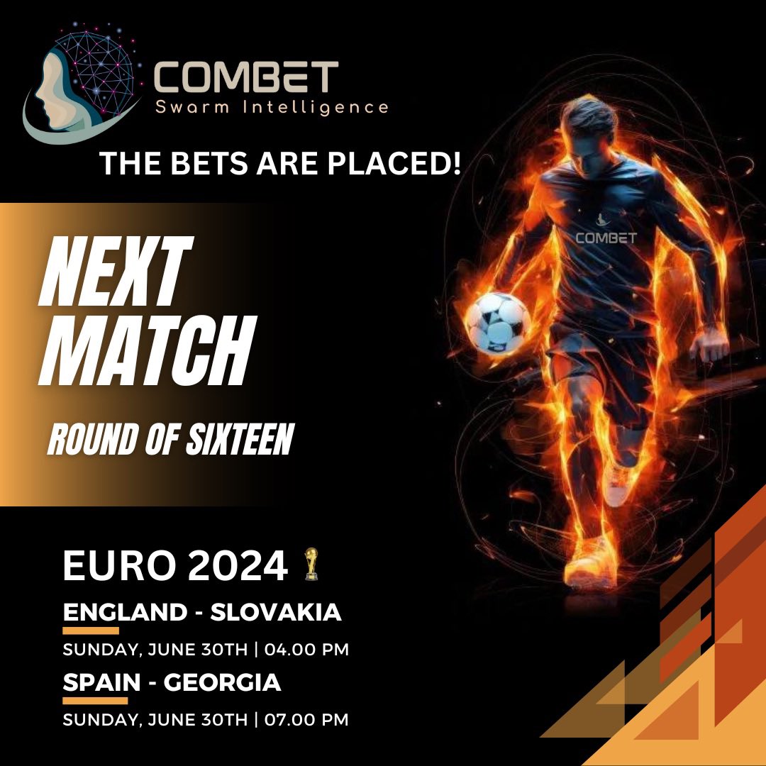 combetcoin's tweet photo. The Round of 16 continues today! 

After Germany and Switzerland advanced yesterday, today's matches feature England vs. Slovakia and Spain vs. Georgia. We're excited and hope our community bets pay off. ⚽ 

Join our Telegram group 
https://t.co/v5FBUr9Wru

#RoundOf16 #Combet https://t.co/e9PrQqQIvs