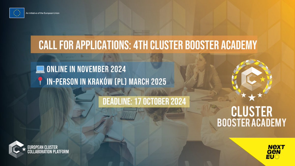 🎓Join #ECCP Cluster Booster Academy: 5-day training on supporting cluster members &amp; SMEs!

⏳17 October
🎯Employees of cluster organisations managing a Cluster Organisation from the EU or COSME countries associated with the Single Market Programme

APPLY👉clustercollaboration.eu/content/call-a…