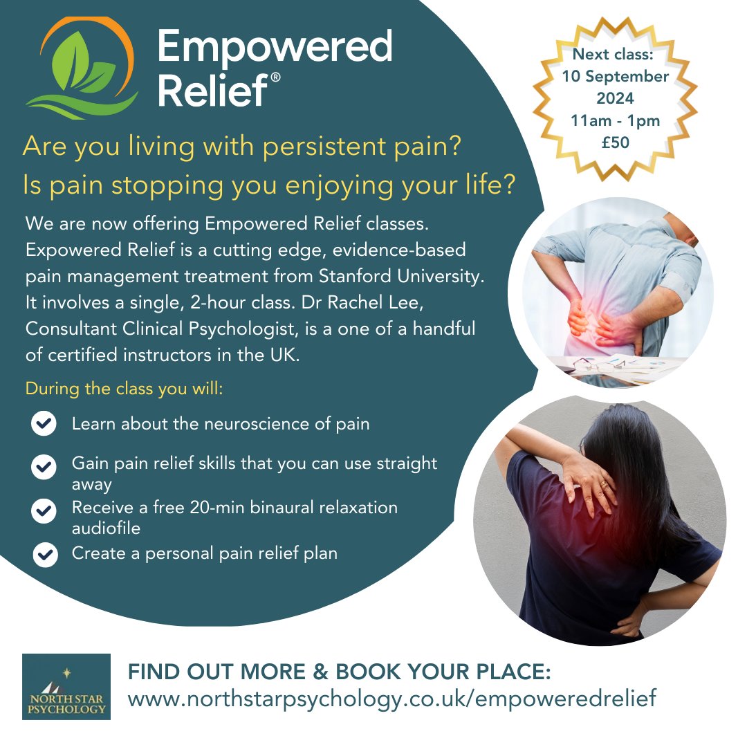 DrRachelLee's tweet photo. Bookings are now open for my Empowered Relief class via Zoom. ER is a 1-session pain management treatment that has been shown to be as effective as 8 sessions of a CBT group and is being delivered across the glove. @EmpoweredRelief 
Find out more &amp; book:
https://t.co/BbESfz0pZB https://t.co/XZMIecQxO8