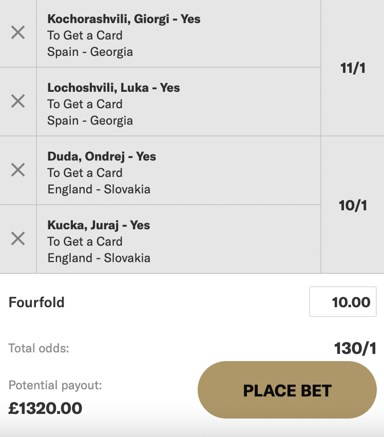 TheCardDealer's tweet photo. 👀 131/1 DOUBLE DOUBLE 👀

✅ Best priced with BetMGM
📊 Best priced at 71/1 elsewhere

✍️ Duda is Slovakia’s top player for cards, he’s received 15 yellows & 2 reds in 32.52 90s across all comps, he averages 2+ fouls p/90 and he’ll likely be up against Mainoo & Saka/Palmer.

✍️ Kucka has received 7 yellows & 1 red across all comps, he’s Slovakia’s second best player for fouls and he’ll likely be up against Bellingham & Foden/Gordon.

✍️ Kochorashvilli is Georgia’s top player for fouls, averaging 2.37 fouls p/90, he’s received 5 yellows & 1 red in 18.34 90s across all comps and will likely be up against Pedri & Yamal.

✍️ Lochoshvili received 7 yellows & 1 red in 19.31 90s in Serie B and he’ll likely be up against Yamal who is Spain’s second best player for fouls won.

ℹ️ I’ve also backed each double as singles.

18+ | https://t.co/KzJwsjiiUI | Always Gamble Responsibly | Ad