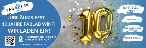 Am 6.7. und am 7.7. feiert das FabLab Winti sein 10-jähriges Jubiläum! fablabwinti.ch
Komm und lerne Lab und Leute kennen und feiere mit uns!