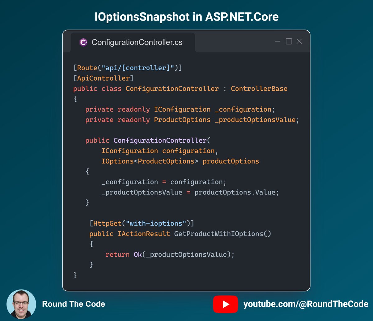 RoundTheCode's tweet image. IOptionsSnapshot allows you to bind config values from appsettings into a class.
You add the options in Program.cs and can inject IOptionsSnapshot adding the config class as the generic type.
It has a scoped lifetime scope meaning values can change without restarting the app.