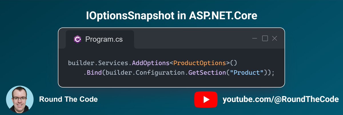 RoundTheCode's tweet image. IOptionsSnapshot allows you to bind config values from appsettings into a class.
You add the options in Program.cs and can inject IOptionsSnapshot adding the config class as the generic type.
It has a scoped lifetime scope meaning values can change without restarting the app.