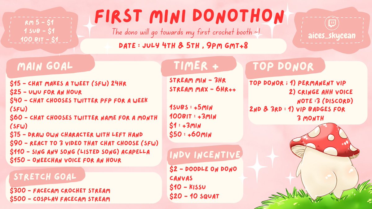 AicesSkycean's tweet photo. Good afternoon everyone~ 🍄

I'll be having a mini donothon for my upcoming booth on July~
Feel free to come by and support hehehe~
I will be playing paper Lily for the 4th of July and might gonna do some handcam or more paper Lily on the 5th of July

Thank you so much~ 🍄🍄🍄 https://t.co/PC3JveMqyy