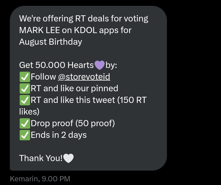 Captainmorkk's tweet photo. 📍KDOL RT deals for #MARK August Birthday📍

Markf ada danusan buat kdol lagi nih yuk 🩵

Get 50.000 Hearts💜by:
✅Follow @storevoteid 
✅RT and like our pinned
✅RT and like this tweet (150 RT likes)
✅Drop proof (50 proof)
✅Ends in 2 days

#MARK #마크 #マーク #VoteForMarkLee https://t.co/AA3y54Ho5I