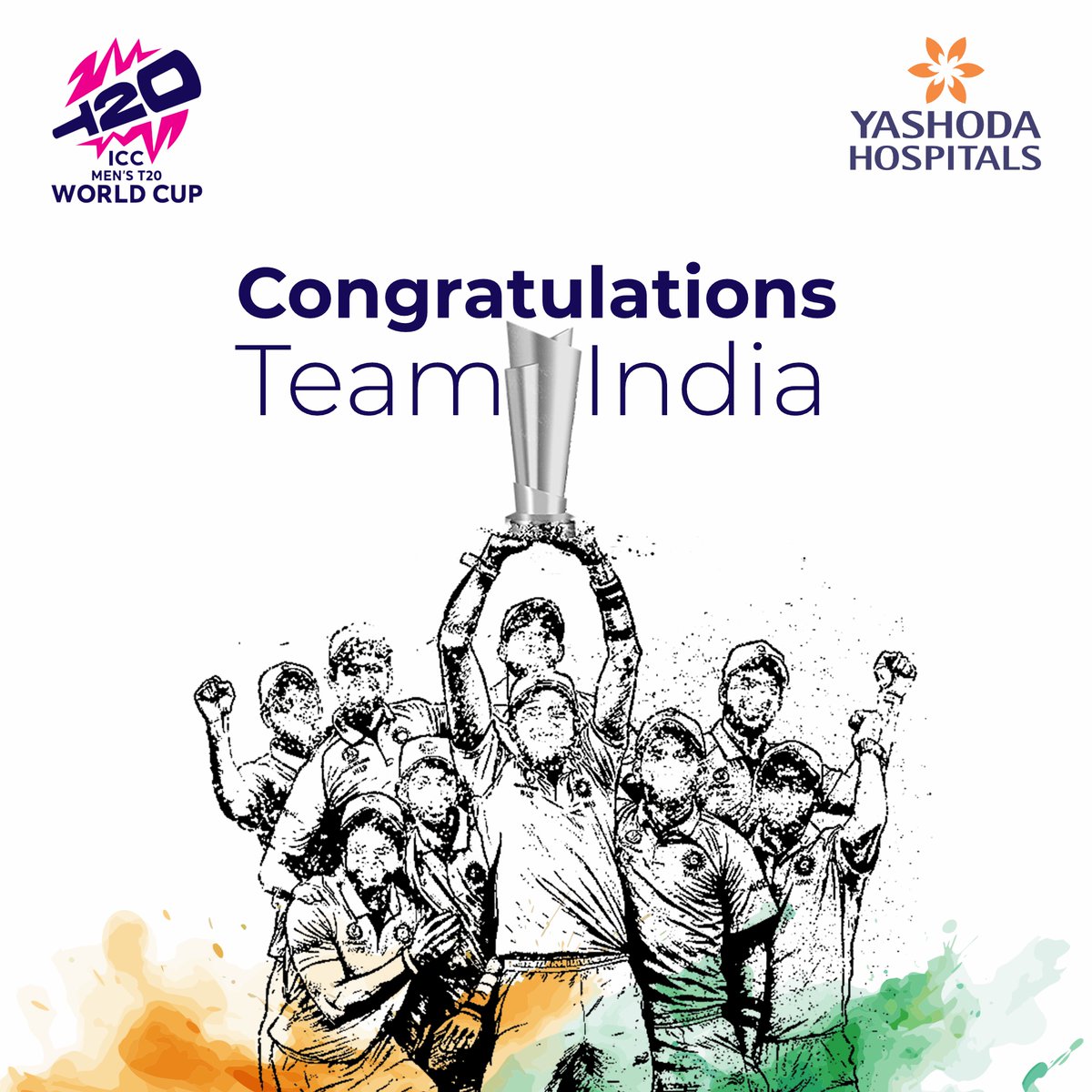 Congratulations Team India on bringing home the ICC #T20WorldCup! Your remarkable performance has brought immense pride to the nation. #YashodaHospitals celebrates this historic victory with you and wishes you continued success in all your future endeavors. 

#TeamIndia #Victory
