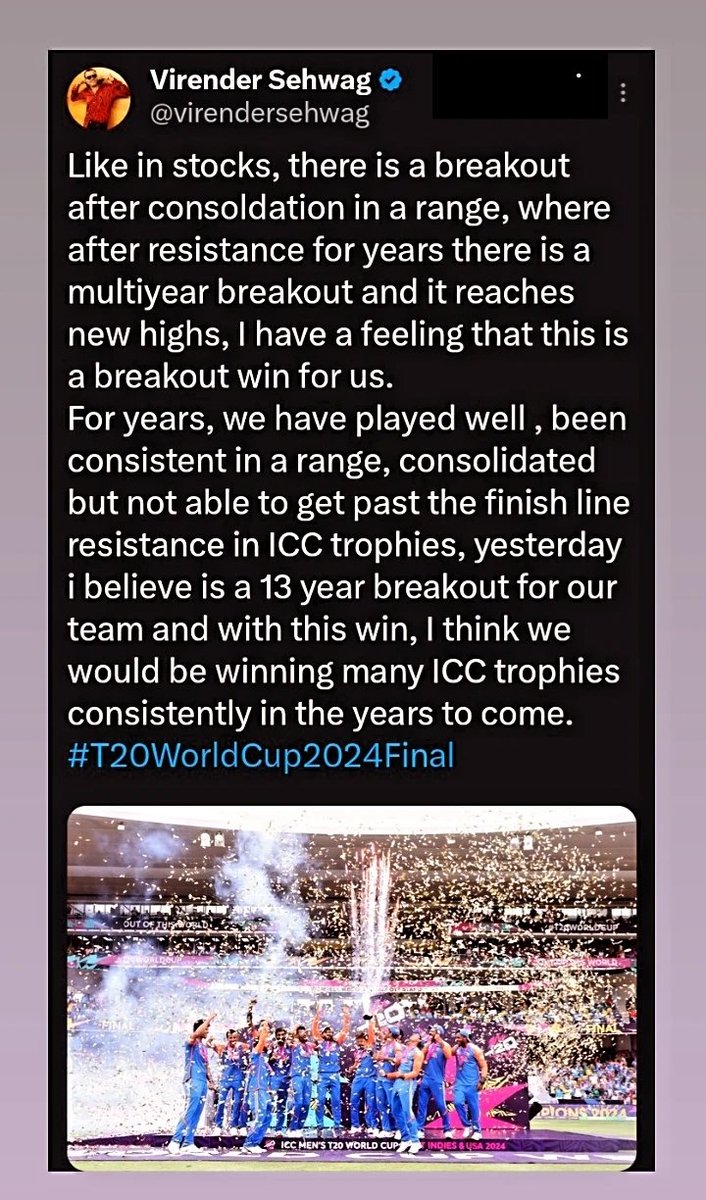 Bazaarbits's tweet photo. Former Indian cricketer Virender Sehwag celebrated T20 World Cup victory like a stock market investor.
@virendersehwag
#T20WorldCup2024
#StockMarketindia https://t.co/nsnKMuleqV