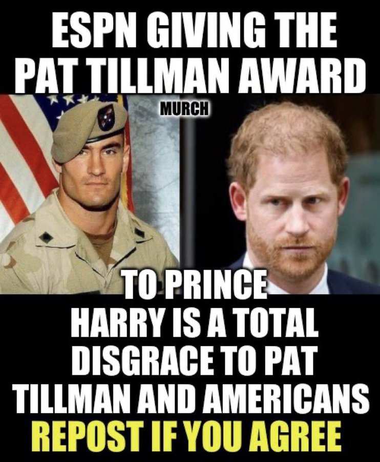 PJ_Yukon's tweet photo. The mother of a US war hero killed in Afghanistan criticized the decision to give Prince Harry an award honoring her dead son. Pat Tillman was an American football star who gave up a £3 million contract to join the US Army after 9/11. His Mother said "I'm shocked as to why they would select such a controversial and divisive individual to receive the award" #BunkerHarry @espn #PrinceHarryIsATraitor