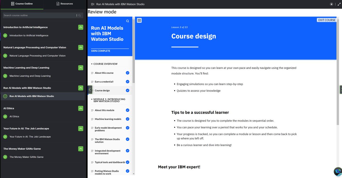 stvn_ms's tweet photo. @CiscoNetAcad Hi! I think there is a bug with the course. "Run AI models with IBM Watson Studio" section doesn't appear completed when I finished all correctly at 100%, even I finished all the course and claimed IBM badge, but can't obtain Cisco badge because this. Please help! https://t.co/Q4dz2REcbo