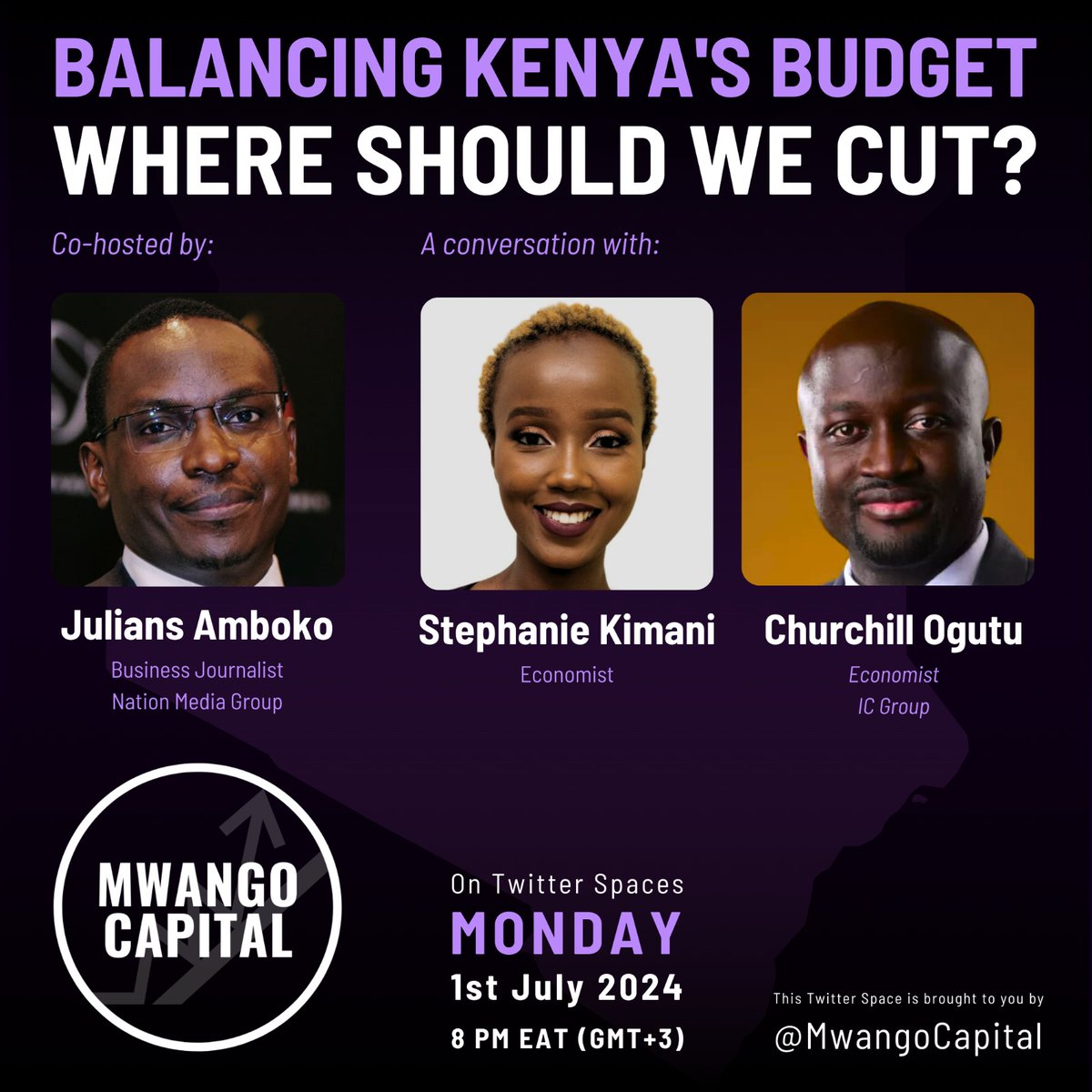 Tomorrow on #MwangoSpaces, we'll break down the government budget, looking at its revenue sources and spending areas.

Host: Julians Amboko [<a href="/AmbokoJH/">Julians Amboko</a>]

Guests:
—Churchill Ogutu [<a href="/ill_dduor/">Churchill Ogutu</a>]
—Stephanie Kimani [<a href="/KimaniStephanie/">Stephanie Kimani</a>]

Don't miss!