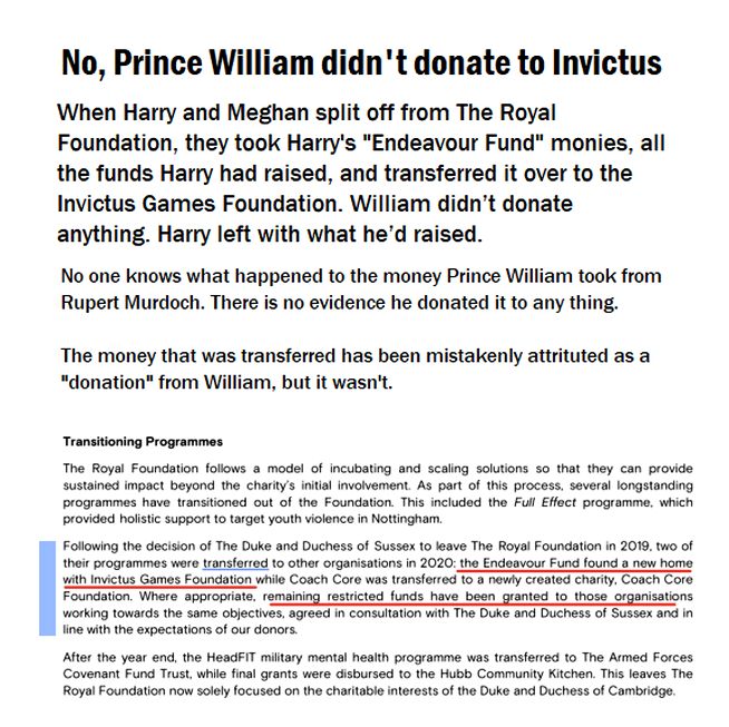 Tru1_'s tweet photo. @Gothloretta @RNN_RoyalNews This is a total lie. You do realize donations are all public record? There is no record of William ever donating anything to Invictus. He kept all of Rupert Murdoch's hush money for Earthshot and 1 of Kate's charities. Harry did found it alone, he's the only combat veteran. https://t.co/C4VOH3YUrG