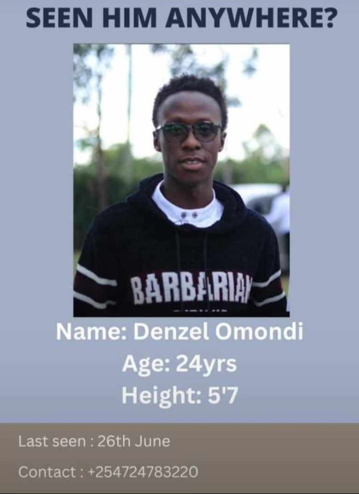 Denzel Omondi is still missing!!

PLEASE HELP US FIND DENZEL! 

Retweet and share until we find him!!

Mungu Yupo and No man shall be left behind. 

#RutoMustGo