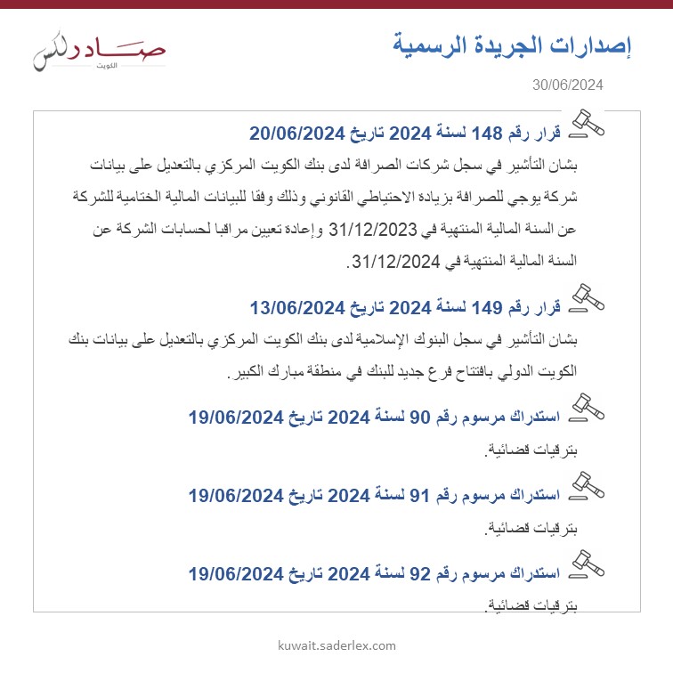 SADERLexKuwait's tweet photo. تابع...
اصدارات الجريدة الرسمية العدد 1693/2024 تاريخ 30/06/2024 #SADER1863 #SADERLexKuwait #LawsOfKuwait #KuwaitLaws #OfficialGazette1693 #كويت_اليوم #اصدارات #قوانين_الكويت #جريدة_رسمية_1693 https://t.co/Nl1ysO86HU