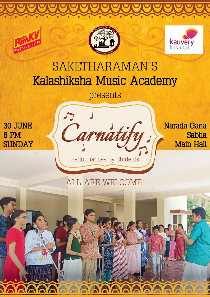 saketharaman_s's tweet photo. Months of planning and effort have gone into this day. Inviting all Rasikas to “Carnatify” today, June 30 at Narada Gana Sabha at 6 PM
All are welcome !
#carnatify #saketharaman #samuditha #kalashiksha https://t.co/PoRyVxjaAB