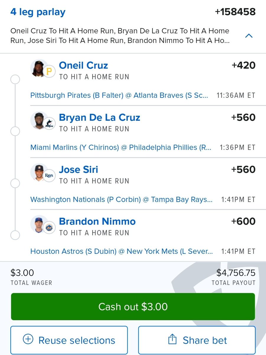 LuckySportPick's tweet photo. Sunday MLB HR Parlay!
Check out my bet on FanDuel Sportsbook!
https://t.co/SLqYuRuFDE
#NoStrategy #MLB #MLBParlay #IfWeWinWeWin #LuckyRandomSportsPicks #SportsPicks #EmbraceTheRandom #MLBSportsPicks #Lucky
I RR'ed by 3! https://t.co/jsd6AT6WXu
