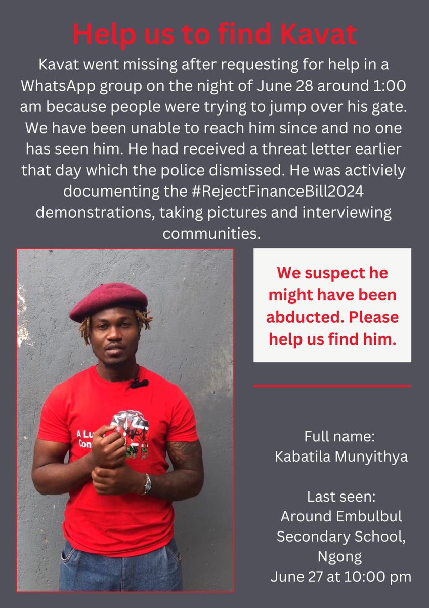 Does anyone have news of Kavat so we amplify?

Please Help Us Find Kavat!!

#FreeKavat
#RutoMustGo